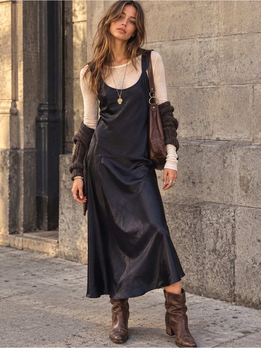 Natori Black Satin Slip Dress Nightgown M 90s Minimalist Boho Maxi